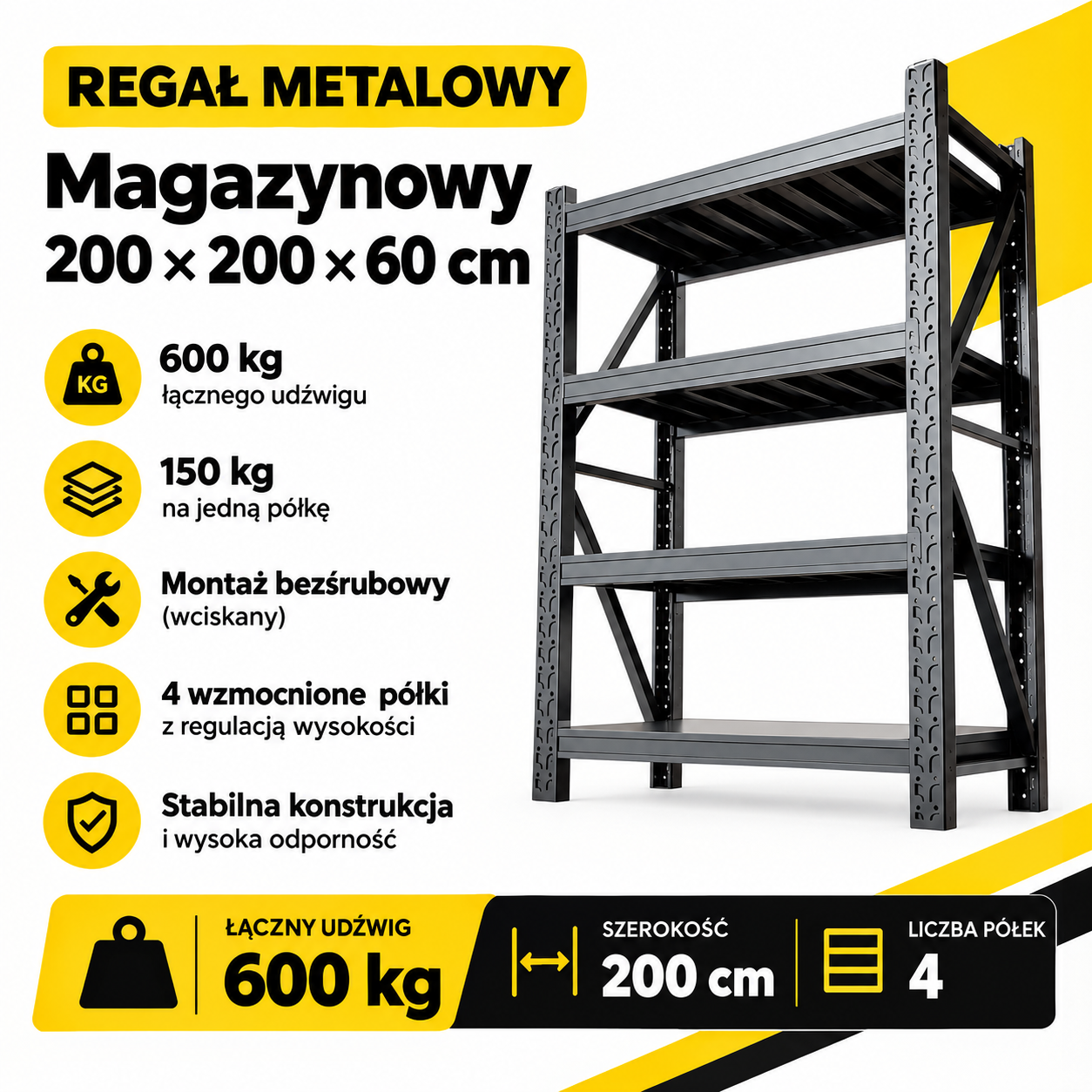Regał metalowy magazynowy 200x200x60 cm czarny