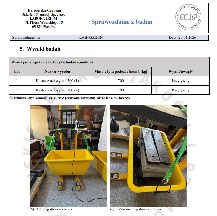 Kastra DROMADER 200 l - badanie nośności statycznej 700 kg