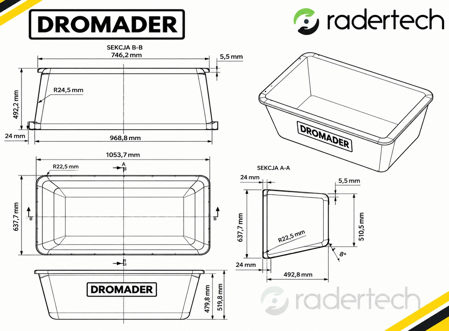 Rysunek techniczny kastry budowlanej DROMADER 200 l z wymiarami