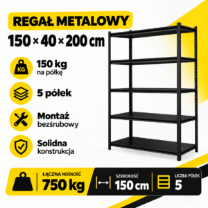 Regał Metalowy 200x150x40 cm | Udźwig 750 kg | 5 półek