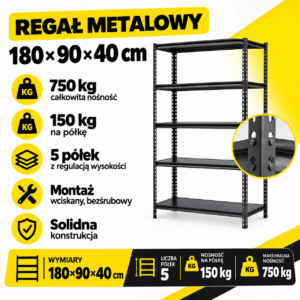 Regał Metalowy 180x90x40 cm | Udźwig 750 kg | 5 półek