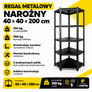 Regał metalowy narożny 200x40x40 cm | 5 półek | 150 kg/półkę | czarny